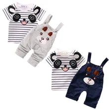 Одежда для детей ремни для малышей, комплект одежды для маленьких мальчиков, комплект одежды в полоску с короткими рукавами и медведем для девочек