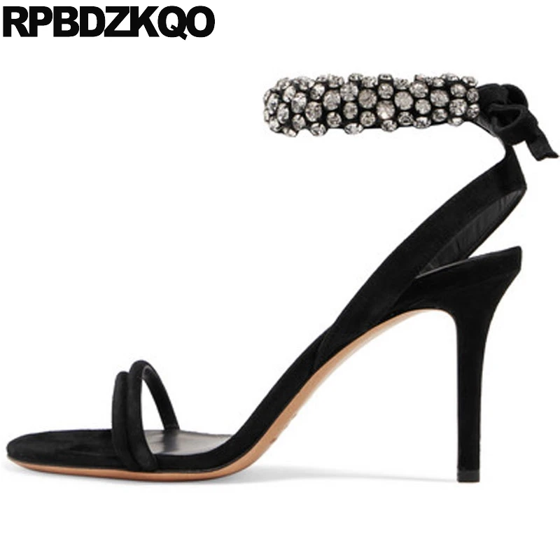 

High Heels Elegant Ankle Strap Diamond Pumps Stiletto Tie Up Sandals Runway Slingback Crystal Designer Shoes Women Luxury 2017