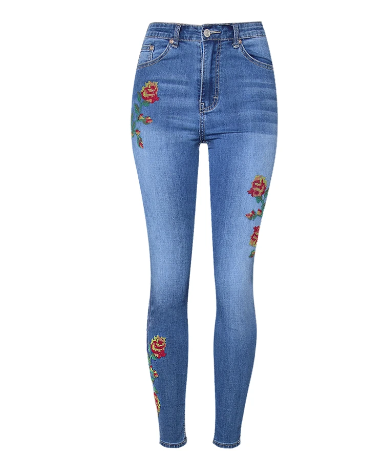 2017 European and American women's high waist elastic front and rear side of the cross embroidery roses washed cat to be cowboy pants pants pants (10)
