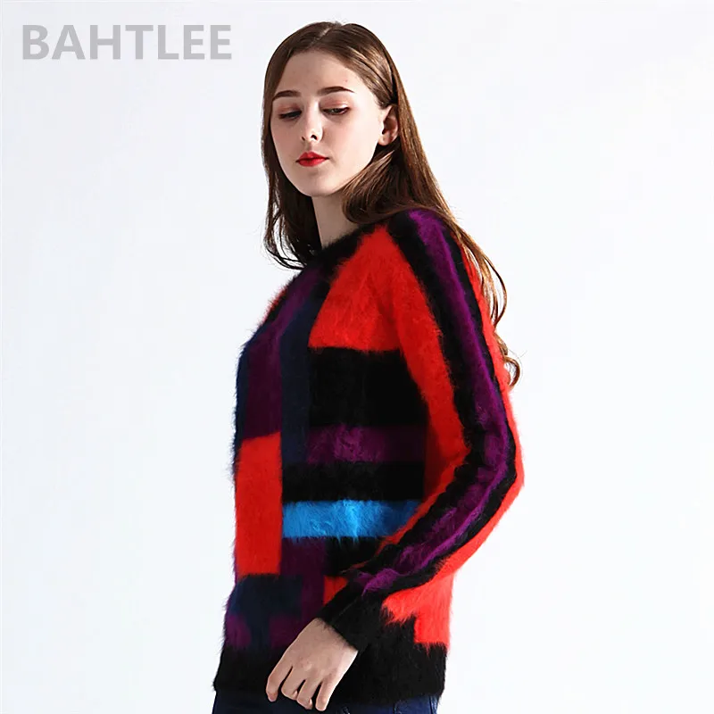

BAHTLEE Autumn Winter Women's Angora Pullovers Sweater O-neck Long Sleeves keep warm Colorblock Multicolor