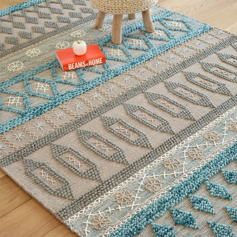 

Wool handmade Living room Carpet Geometric Indian Rug plaid striped Modern Parlor Bohemia design Kilim Nordic blue grey
