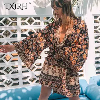 

TXJRH Vintage Ethnic Floral Print Bohemian Mid Long Kimono Cardigan Black Blouse Shawl Shirt Batwing Sleeve Sashes Tied Bow Tops