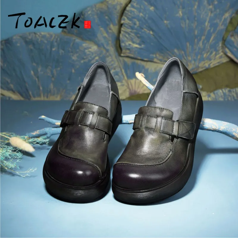 

Spring and summer new hand-made leather women's shoes wedge with thick top layer of cowhide comfortable and retro single shoes