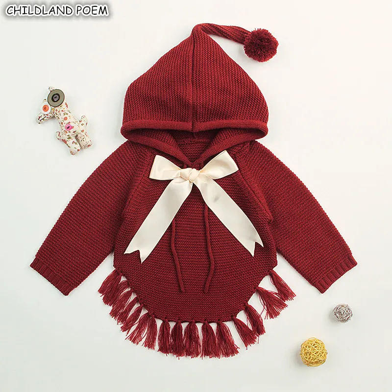 Детский свитер для девочек, Детский кардиган с кисточками, вязаная одежда для малышей, осенние свитера для маленьких девочек с капюшоном, детский пуловер