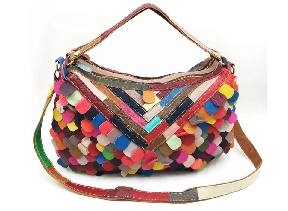 

2019 new patchwork cowhide leather women's shoulder bag colorful big capacity lady's one shoulder cross body bag