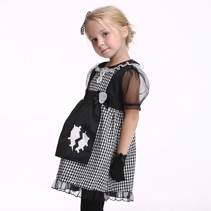 

Girls Cosplay Maid Costumes Sweet Cute Cotton Black Striped Lace Halloween Kids Dress EK181