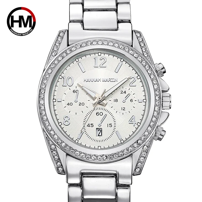 Mulheres de Prata Pulseira de Luxo Senhoras de Cristal Relógio de Quartzo Cinta de Aço Relógio de Pulso Hannah Martin Relógios Calendário Relógio Feminino