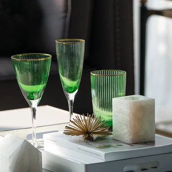 

Luxury gold plating green vertical stroke cocktail glass cup champagne red wine glass cup