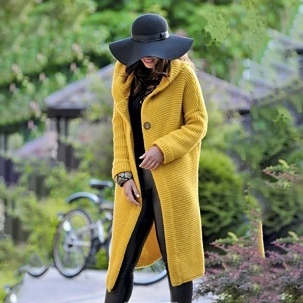 Осенний женский длинный кардиган, Однотонный свитер с капюшоном, длинное пальто, зимнее женское вязаное пальто размера плюс 5XL, повседневная трикотажная одежда
