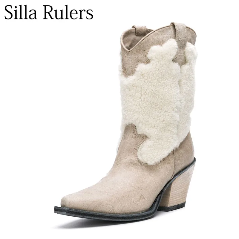 

Silla Rulers 2018 New Winter Wool Real Leather Western Boots Pointed Toe Square Heel Ankle Boots Women Slip On Roman Woman Boots