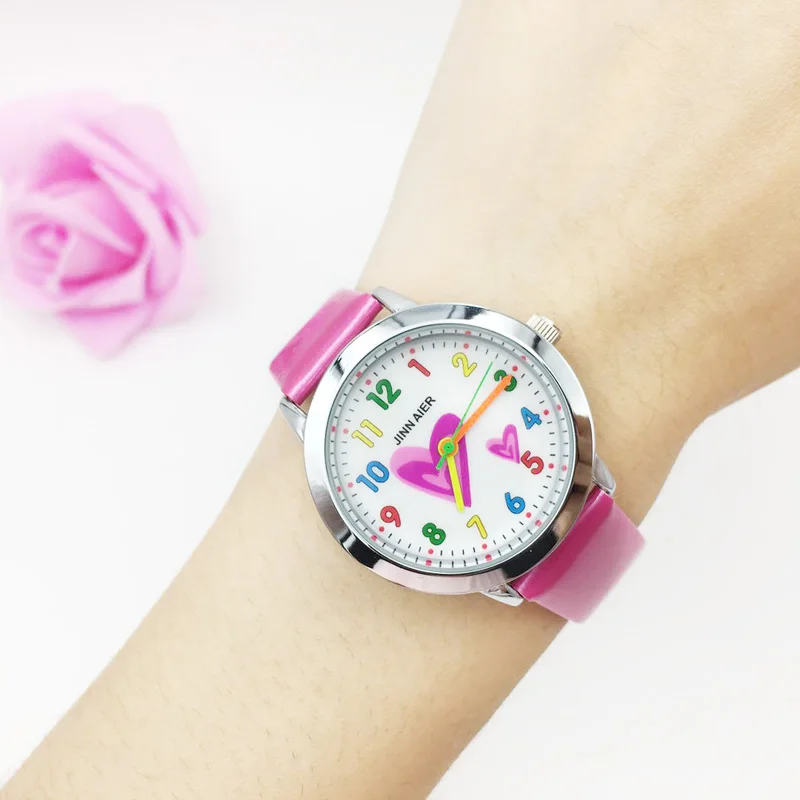 wholesale drop shipping womens wrist watches vogue leather strap colorful heart dial very cute wristwatches for kids children students clock hours best gifts (13)