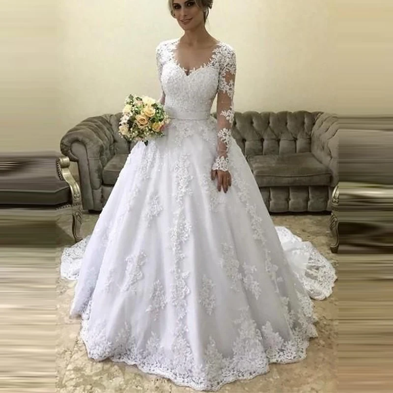 Robe mariage кружева аппликации с длинным рукавом свадебные платья иллюзия совок шеи суд поезд Свадебные платья