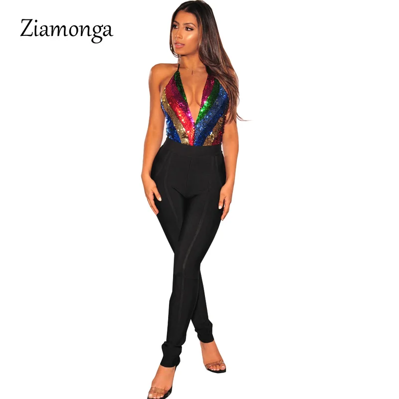 Ziamonga, женский боди, топ, сексуальный, летний, для клубов, в полоску, с блестками, v-образный вырез, без рукавов, боди, Macacao Feminino, женский комбинезон, короткий