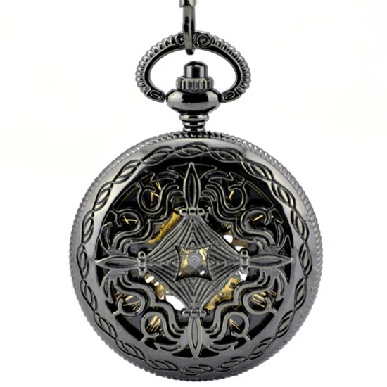 Винтажные Ретро полые китайские узлы механические цепочки для карманных часов черный стимпанк Скелет Fob часы для мужчин ожерелье для