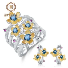 Ювелирный Набор для женщин, 1.62Ct, натуральный Лондонский голубой топаз, ручной работы, 925 пробы, серебряное кольцо, серьги