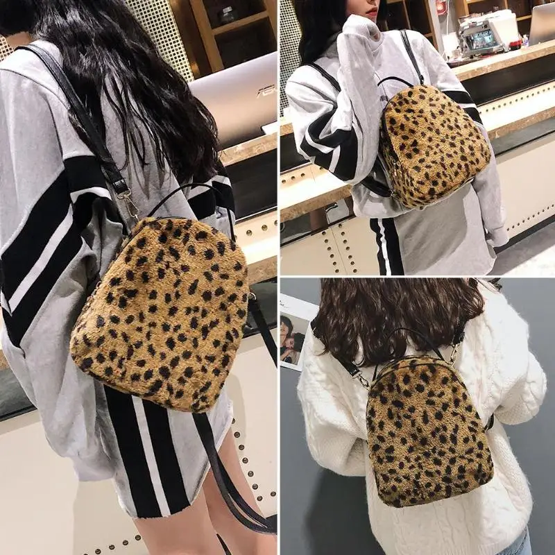 Элегантный дизайн плюшевые леопардовым принтом сумки на плечо Для женщин девочек школьные рюкзаки Школьные Сумки Подростков Back Pack Путешествия Рюкзак