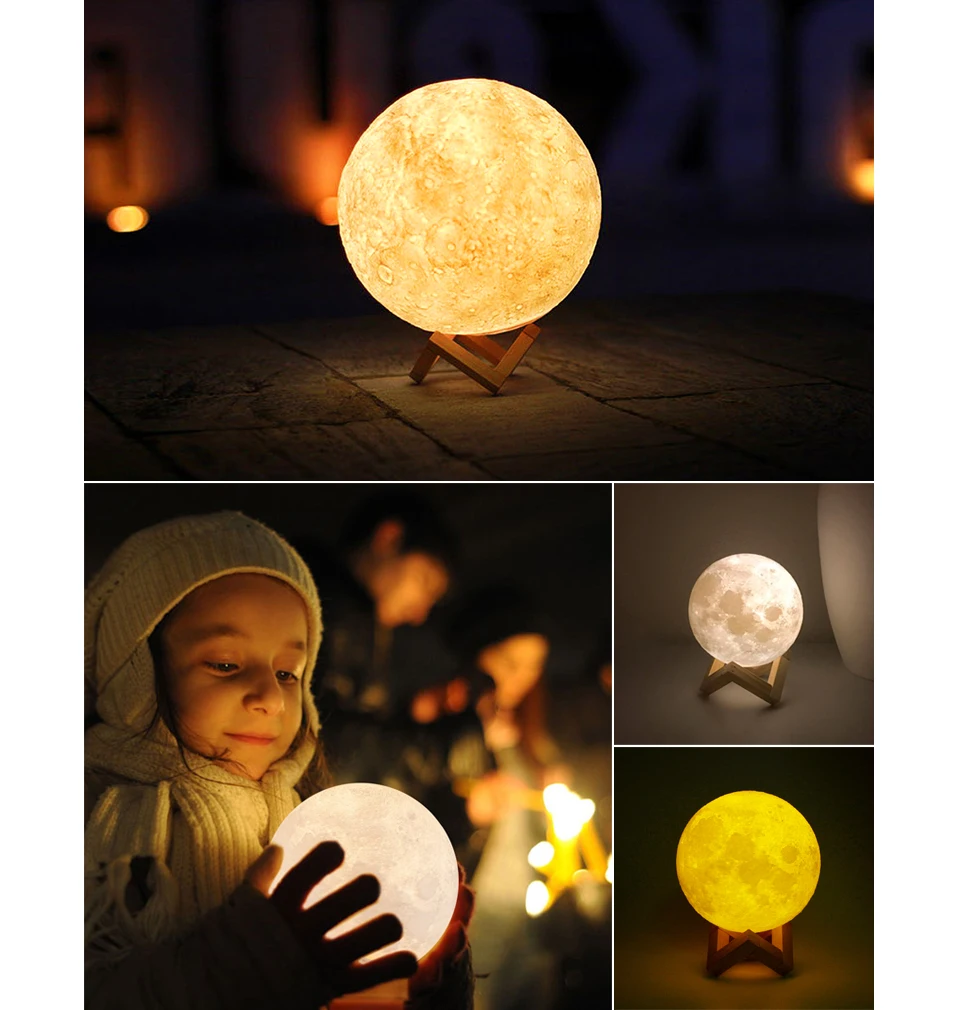 AIMENGTE перезаряжаемая лампа с 3D принтом Луны, 2 цвета, сенсорный выключатель, USB светодиодный прикроватный стол, Настольная декоративная лампа для детей, подарок