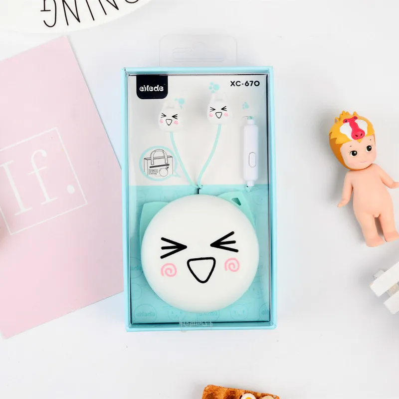 Cute in ear Earphone with storage Box 3.5mm plug earphones with MIC