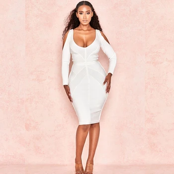 

New Arrival Long Sleeve Bodycon White V neck 2019 Elegant Backless Bandage Dress Summer Women Vestidos Celebrity PArty Verano