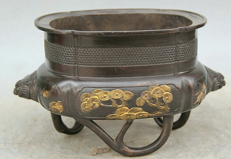 

song voge gem S5671 9" Marked Chinese Bronze Gild circular Bird flower Lion Incense Burner Censer