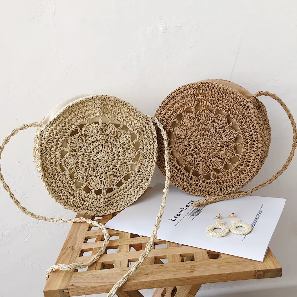 

Women Round Straw Shoulder Bag Retro Hand-Weaved Circle Large Crossbody Bags Handle Bags Handmade Woven Hollow Handle Bags