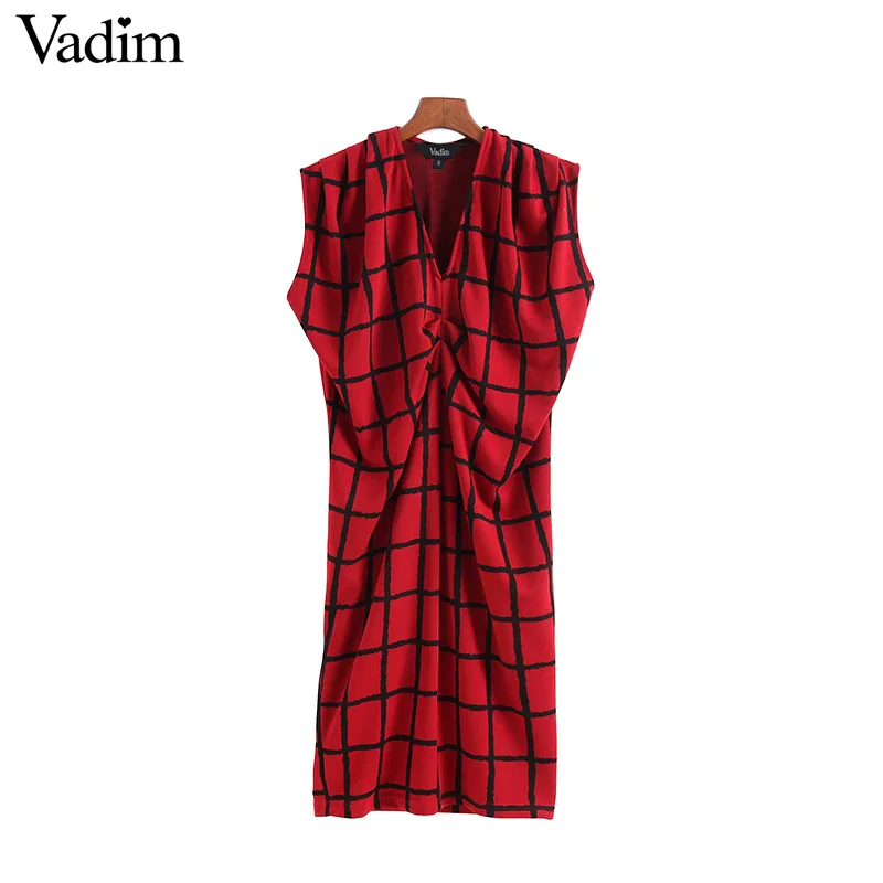 

Vadim vintage V neck plaid knitted loose dress oversized sleeveless pleated female casual wear chic midi dresses vestidos QA243