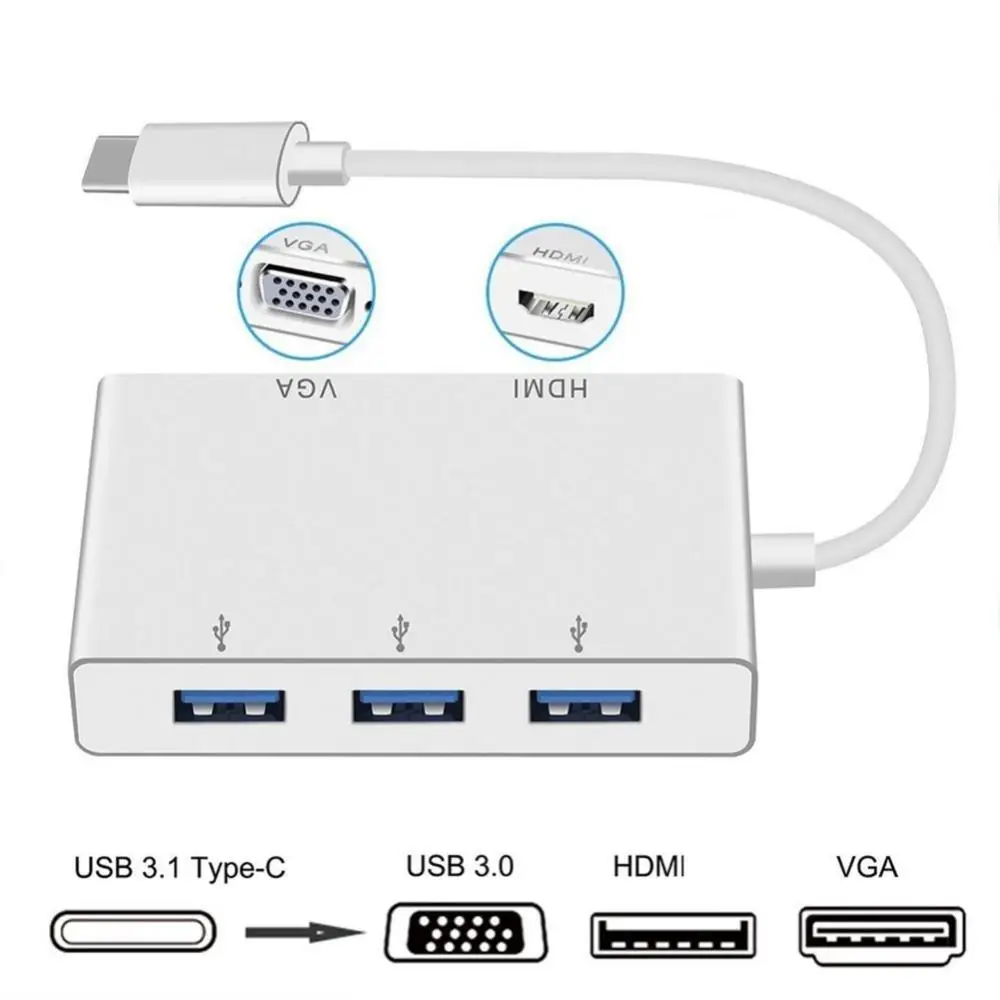  5-in-1 Multi Functional Converter Type-C To HDMI VGA USB 3.0 Multi-port Plug-and-Play Adapter Cable