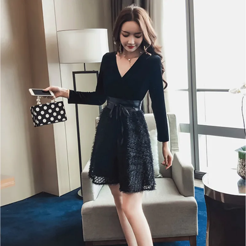 French niche belt bandage dress retro Slim Mini Sexy dress autumn winter 2019 new gold velvet stitching V-neck Short dress women French niche belt bandage dress retro Slim Mini Sexy dress autumn winter 2019 new gold velvet stitching V-neck Short dress women