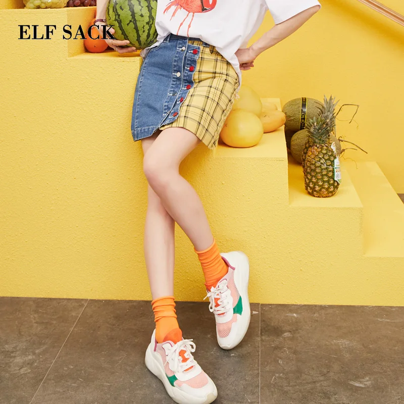 ELF SACK 2019 ربيع جديد امرأة التنانير عارضة منقوشة السيدات البسيطة تنورة خليط نحيل ألف خط فام قيعان الشارع الشهير تنورة