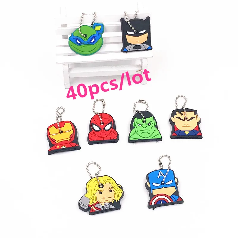 40Pcs/set Cute Cartoon The Avengers Batman Iron Man Keychains PVC Key Cover Car Caps Ring Holder Kids Party Gift | Украшения и