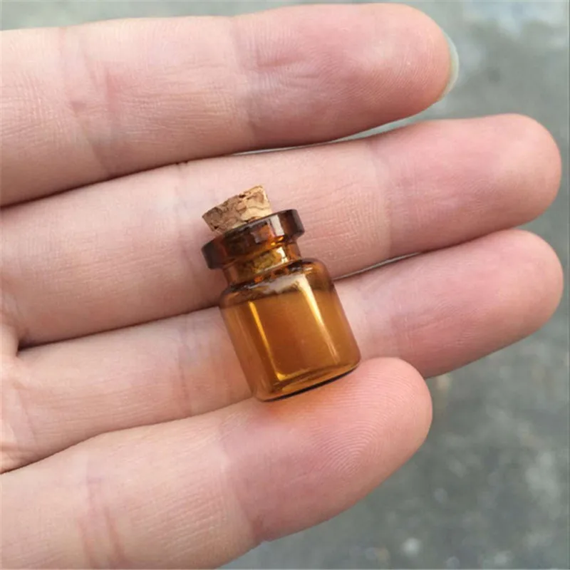 Mini Brown Glass Bottles with Cork, Empty Tiny Glass Vials Jars, Small Gift Bottle, 13*18*6mm, 0.6mL, 100 PCs/Lot