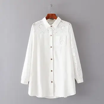 

Plus Size Embroidered Floral Blouse Women Long SLeeve White Tops Women Tops