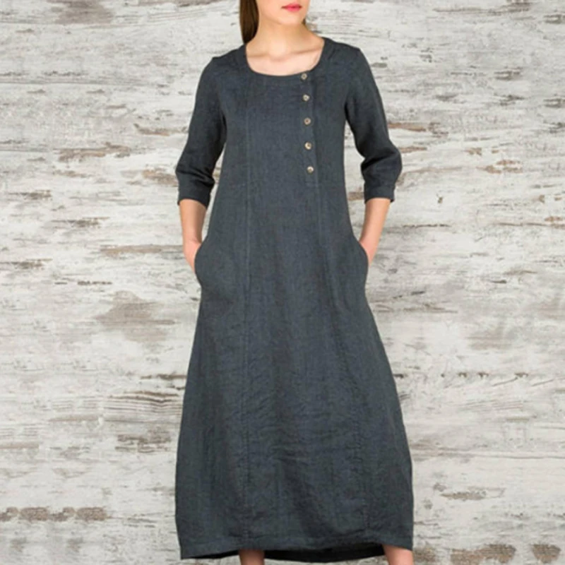 

Women Casual Loose 3/4 Sleeve Long Maxi Dress Beach Ethnic Kaftan Sundress Plus