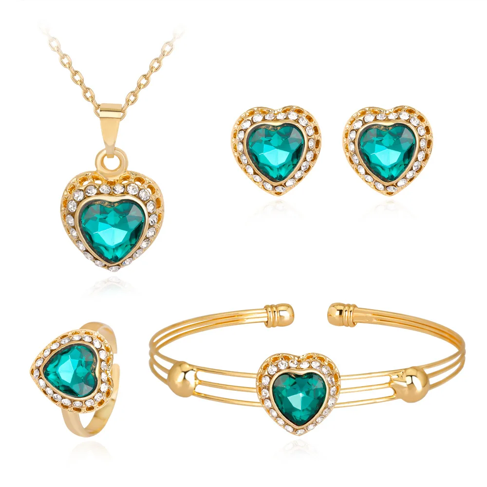 

HC Lovely Heart Girls Necklace Sets Fashion Gold Color Crystal Earrings Bracelet 4 Pcs Jewelry Sets Cute Children Kids Gifts T