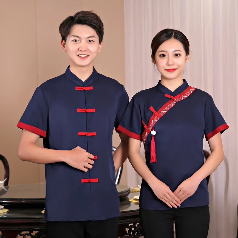 

Chinese Style Waiter Uniform Summer Teahouse Featured Hotel Restaurant Overalls Short Sleeve Cafe Kitchen Work Wear Chef Jacket