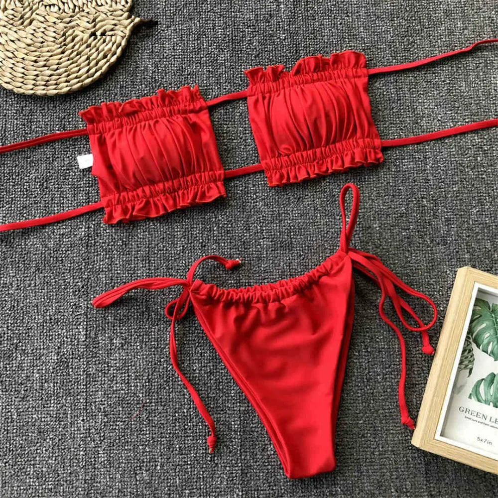

New Pleated Bandeau Brazilian Bikini 2019 Swimsuit Female Swimwear Women Two-pieces Bikini Set Bather Bathing Suit Red Bikinis