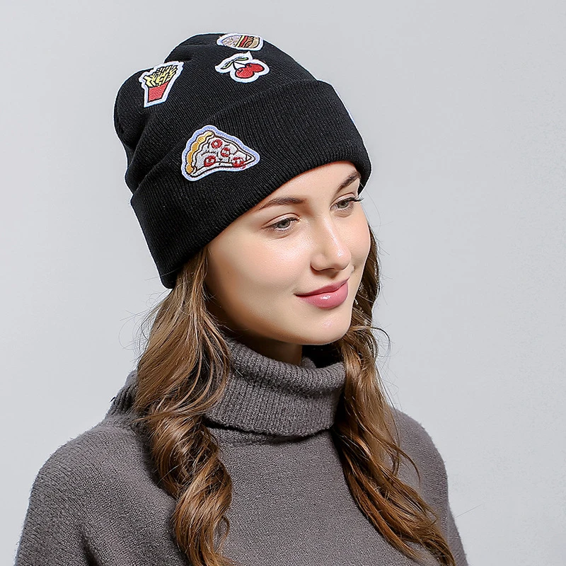 Cute Women Girls Beanie Hats Burger Fries Cherry Ice Cream Patch Knitted Hat Caps Femme