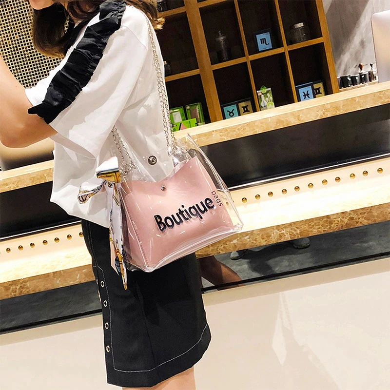 FGGS-прозрачная сумка-мешок, модная Прозрачная женская сумка через плечо, Пляжная Повседневная сумка для покупок