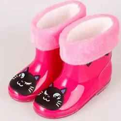 Зимние теплые непромокаемые Сапоги и ботинки для девочек мода Slip-On плюшевые Резина малышей Водонепроницаемый Размеры мультфильм 2017 дождь