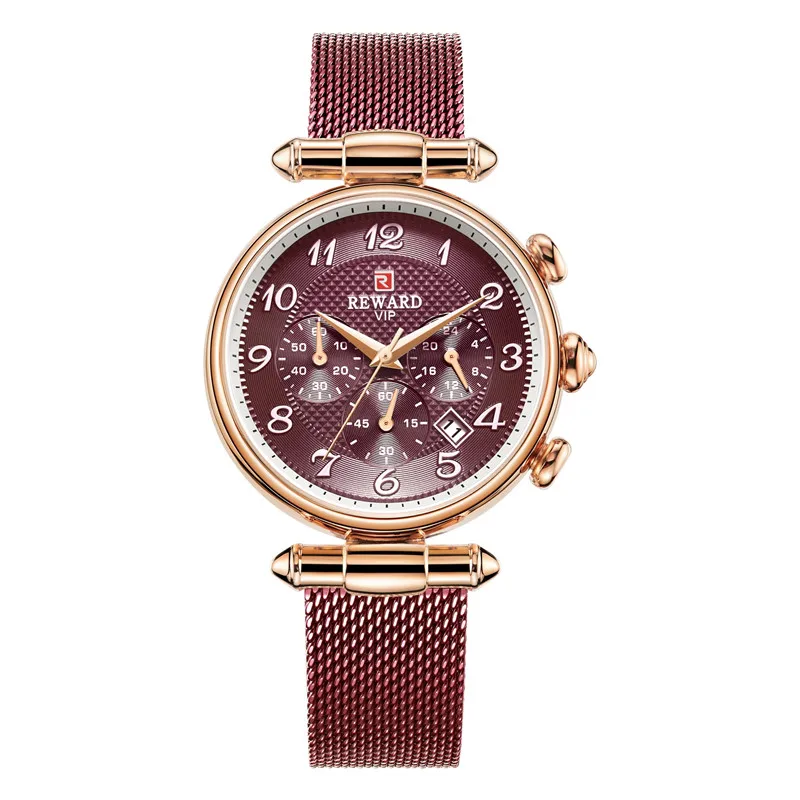 Награда Ретро Женская Мода Золото Синий Дата кварцевые часы Леди сетки ремешок для часов Высокое качество повседневные водонепроницаемые женские наручные часы - Цвет: Purple