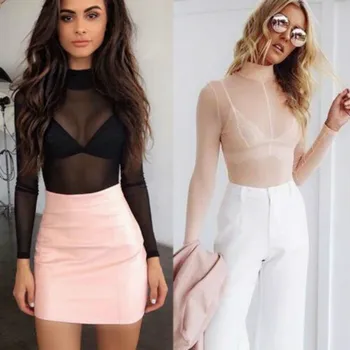 

Women's Summer Slim Sheer Translucent Mesh Fish Net Long Sleeve Turtle Neck See Shirt Blouse