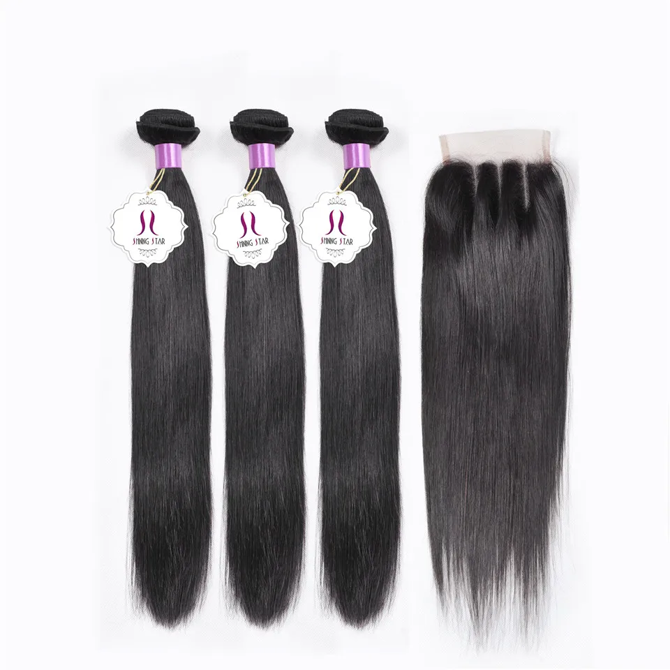 7A Brazilian Virgin Hair with Closure Straight 3 Bundles And Closure Shining Star 1B Brazilian Human Hair Straight With Closure