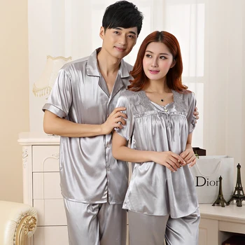 

Couples Silk Satin Pajamas Sets for Women 2019 Spring Autumn Short Sleeve Sleepwear Pyjama Lounge Homewear Pijama Mujer Clothing