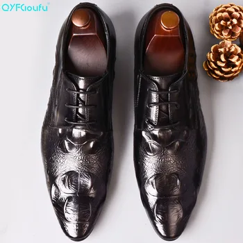 

QYFCIOUFU Stylish Genuine Leather Men Shoes Pointed Toe Oxford Party Wedding Formal Crocodile Pattern Mens Fashion Dress Shoe