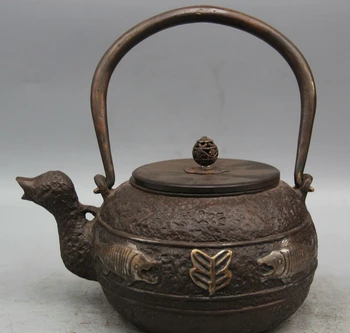 

USPS to USA S2563 9" Archaic Japanese Iron Silver Fish Duck Portable Kettle Water Tea Pot Flagon