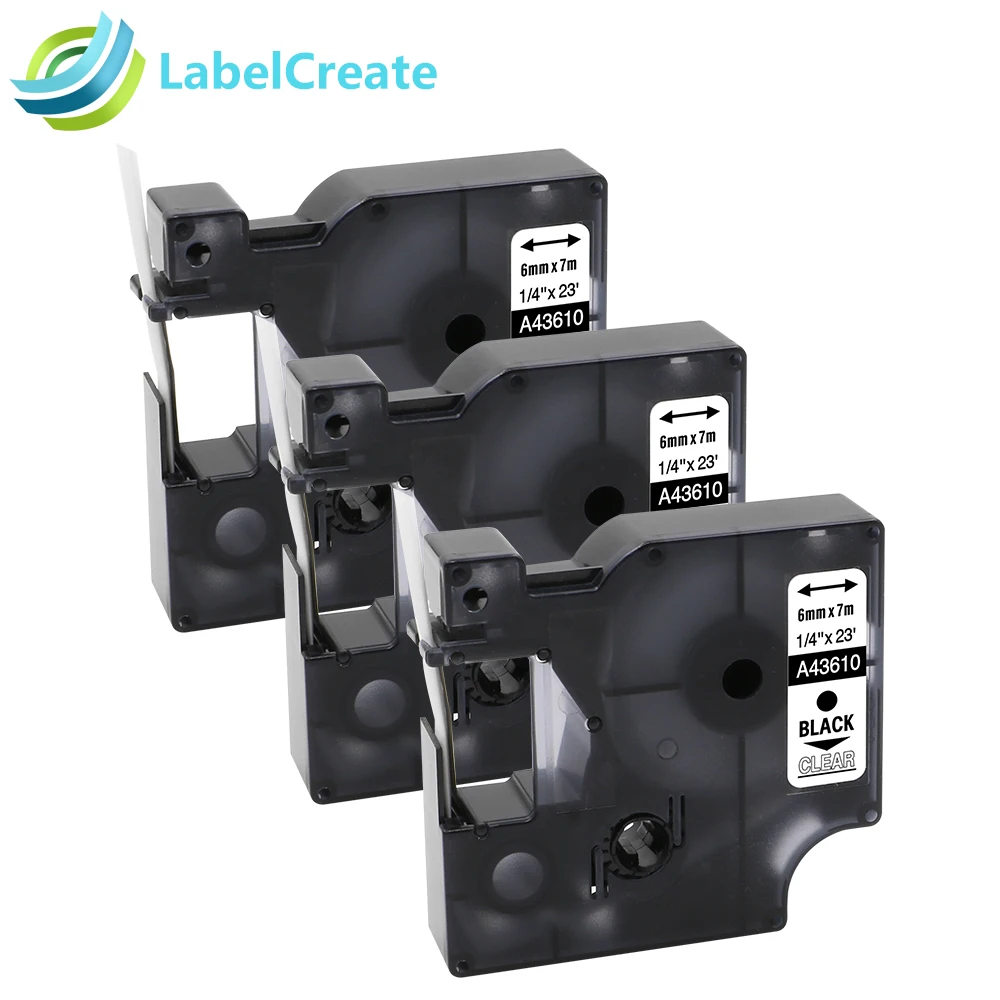 3 Packs Compatible Dymo D1 Label Tape 43610 6mm Black on Clear for Dymo
