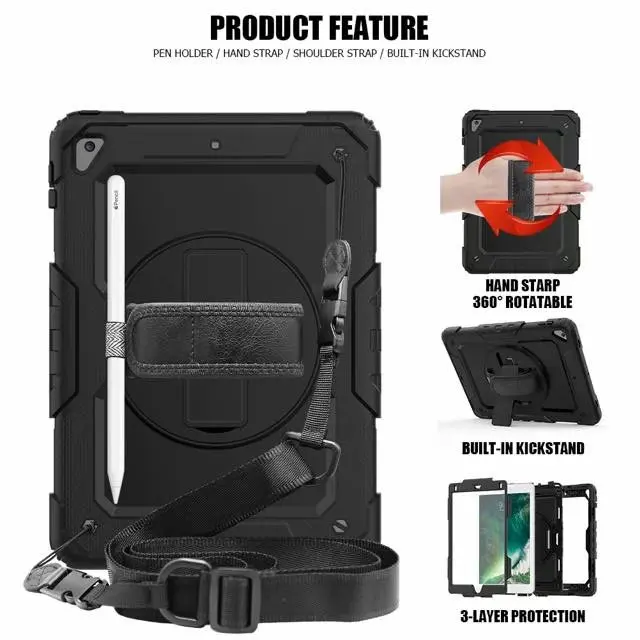 

Case 360 Degrees Rotating Cover for Apple New IPad 9.7 2017 2018 6th Generation Tablet A1822 A1893 Hand Strap & Neck Strap Shell
