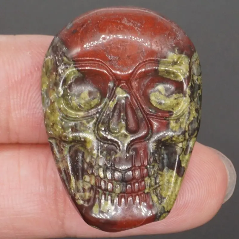 

1.37 Inch (35mm) Carved Natural Gemstone Dragon Blood Stone Skull Cab Cabocho