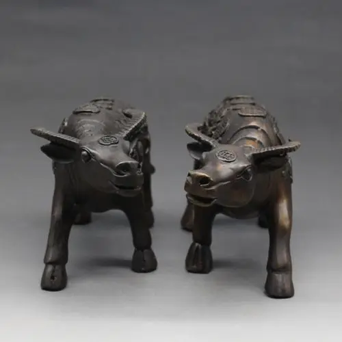 

free A pair of Chinese Feng shui copper Beast bat Money cattle Bronze Statue fast