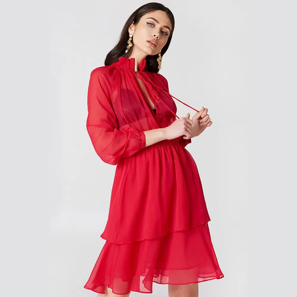 

New 2019 Autumn Dress Women Long Sleeve Lace Up Neck Double Layer Cascading Ruffles Semi-transparent Chiffon Dresses vestidos